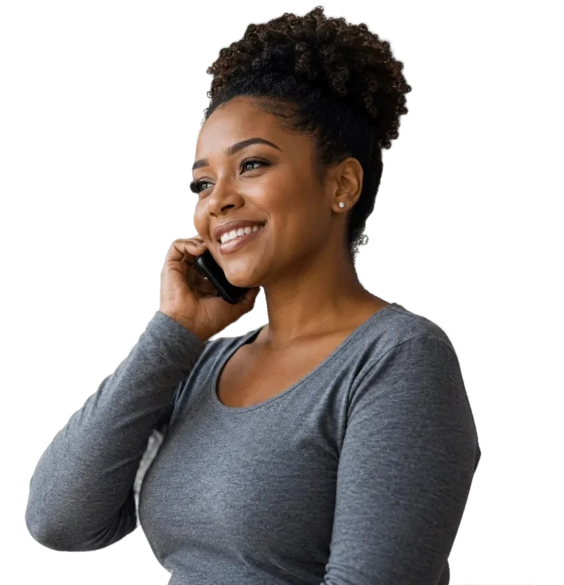 Smiling woman on the phone for First Choice Counseling homepage with transparent background.